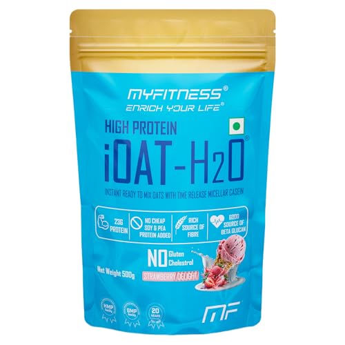 Image of Myfitness High Protein iOat H2O | Added Micellar Casein Protein | Instant Ready To Mix Beta Glucan Rich Flavoured Oats Powder | High Protein Oats Breakfast Cereals (500g (Pack Of 1), Strawberry Delight)
