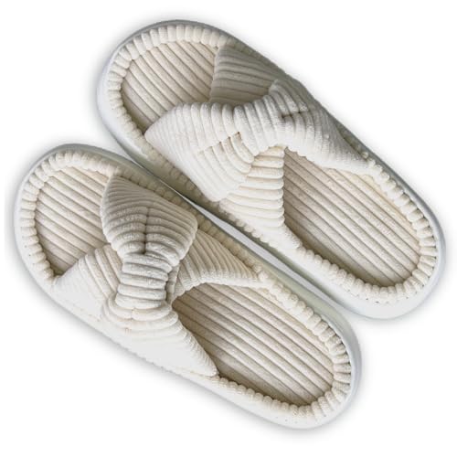 Women's Bow Cross Band Corduroy Open Toe Memory Foam Slippers for Bedroom Indoor Outdoor