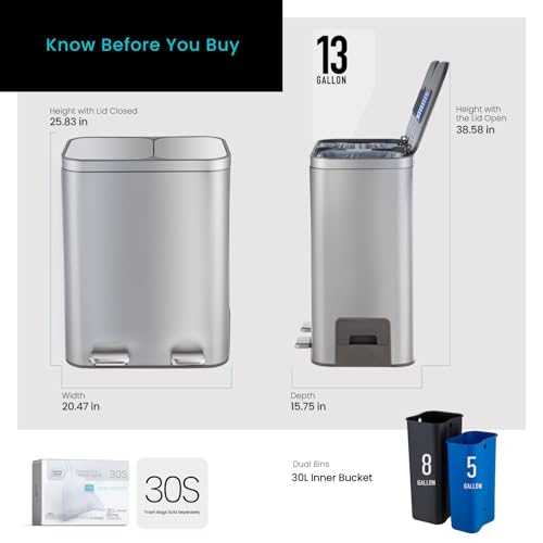 Image of Home Zone Living 13 Gallon Kitchen Trash Can with Dual Compartments | Stainless Steel with Soft-Close Step Pedal Lids for Recycling and Bag Storage Drawer, Rectangular Design, Silver
