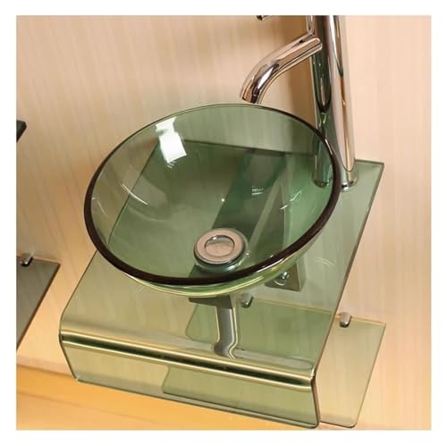JYHHGDS Lavabo de Pared de Vidrio Templado, Moderno, para Espacios pequeños, Redondo, con Grifo y desagüe automático (Verde, 31 cm)