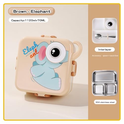 Image of YELONA 2-Layer Cartoon Shape Kids Lunch Box | Stainless Steel Inner, 3 Compartments | Airtight Leak-Proof BPA-Free Meal Box | 1120 ML + 70 ML Sauce Cup | School, Picnic Tiffin for Girls & Boys