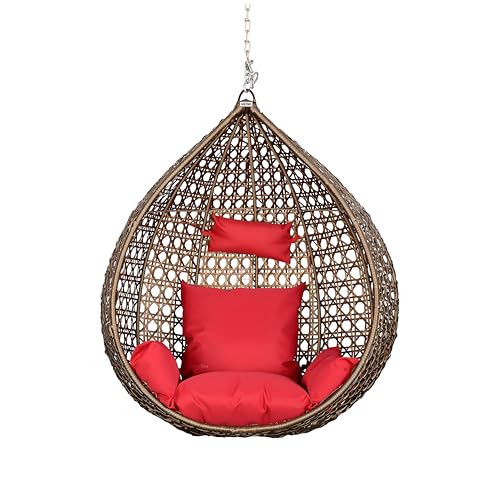 Image of Patio Outdoor Double Seater Swing Chair Without Stand for Balcony, Garden | Weather Resistant Rattan & Wicker Hammock Jhula for Adults | Outdoor Sofa Swing (Gold & Red)