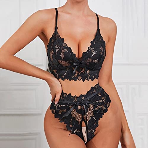 AIHOU Bodysuit for Women Shapewear,Lingerie for Women Open Crotch, Womens Lace 2 Piece Lingerie Sets Bra and Panty Sets Babydoll Nightwear Deep V Underwear Black, X-Large, (QAWSBzt8eFd) - Image 3