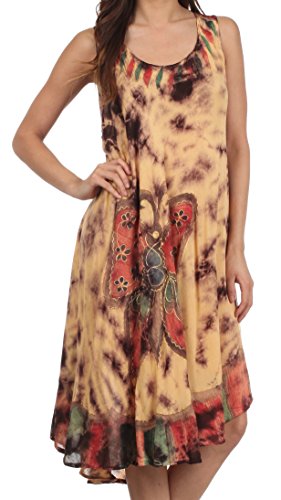 Sakkas 217 Tie Dye Butterfly Tank Sheath Caftan Mid Length Dress - Beige/One Size
