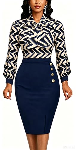 Knolnt Bodycon Long Sleeve Pencil Dresses for Women Elegant Knee Length Church Tie Neck Classy Casual Striped Print Work Dress A Navy Blue X-Large