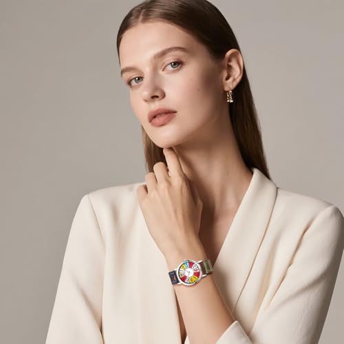 JewelryWe Zegarek damski w stylu boho ze skórzanym paskiem: Vintage styl hipisowski analogowy zegarek kwarcowy na rękę damski kolorowy prawdziwa skóra bransoletka z dużymi cyframi i srebrną obudową