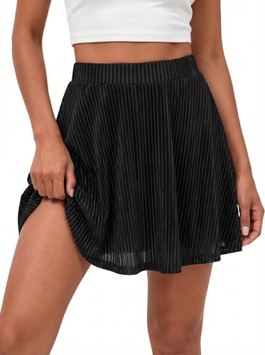 GAMISS Women's Velvet Short Skirts, High Waisted Pleated Skirt with Shorts Underneath Skort Fall Cute Tennis Skirt Black M