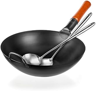 YOSUKATA 14" Carbon Steel Wok Pan Set - Pre-Seasoned, 17" Wok Spatula & Ladle - Heat-Resistant, Dishwasher Safe