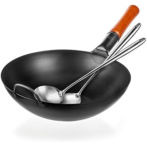 YOSUKATA Carbon Steel Wok Pan – 13,5 “ Woks and Stir Fry Pans 17’’ Wok Spatula and Ladle Cover
