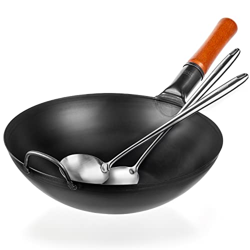 YOSUKATA 14" Carbon Steel Wok Pan Set - Pre-Seasoned, 17" Wok Spatula & Ladle - Heat-Resistant, Dishwasher Safe