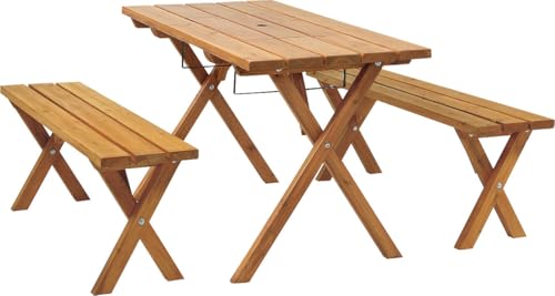 Outdoor Dining Set With Benches: Stylish, Durable Choices for Your Patio 2 Takasho Wooden Picnic Table Bench Set Indoor Outdoor Furniture for Garden Patio Terrace Camp Balcony, Occasional Beach with Natural Colour (1 Table, 2 Benches)