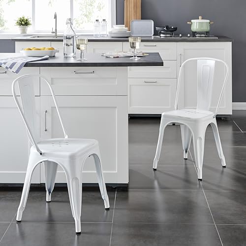 Image of Metal Dining Chairs with Back, Stackable, Distressed White, 6 Pack | Easy Assembly, Non-Slip Feet, 330 lb Capacity, Kitchen, Restaurant, Cafe, Pub, Covered Patio