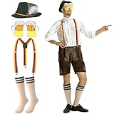 Breathffy 4 Pcs Oktoberfest Costume Set Dark Green German Bavarian Hat with Feather Suspenders Lederhosen Socks Beer Shaped Goggles Outfit for October Festival Men Women Halloween Party Dress