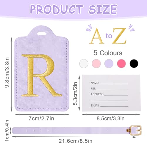 Image of Personalized Initial Luggage Tags for Suitcases, Cute PU Leather Embroidered Letter Travel Luggage Tags, Suitcase Identifier Name Baggage Tag, Bag Tags for Men Women Kids Luggage Handbags(Purple R)