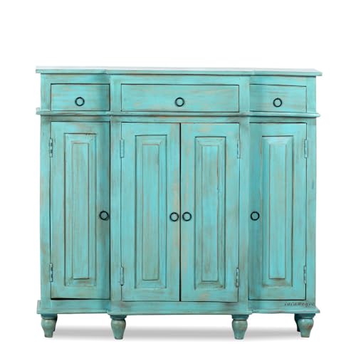 Image of Harvey Wooden Sideboard Cabinet for Living Room | Antique Wooden Cabinet for Storage Organizer with Doors | Cabinet for Home | Wooden Storage Furniture for Home | Turquoise Distress