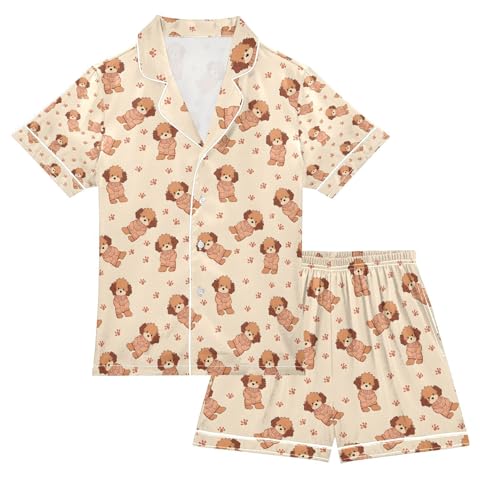 senya Cute Dog Footprint Aa Satin Summer Pajama Sets Silk Short Sleeve Button Down Sleepwear