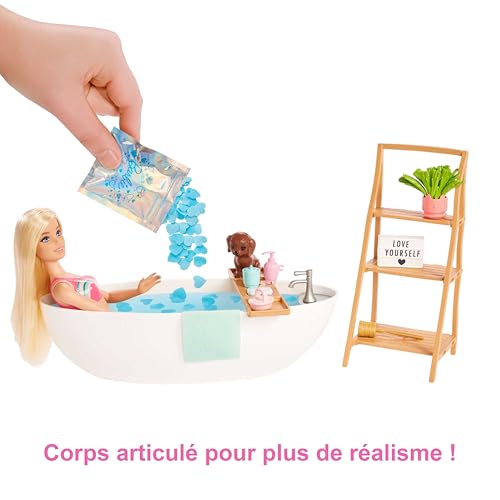 Barbie Coffret Bain Relaxant avec poupée Blonde Baignoire Chiot Savon Confetti coloré et Accessoires Jouet Enfant Dès HKT92 - vue 4