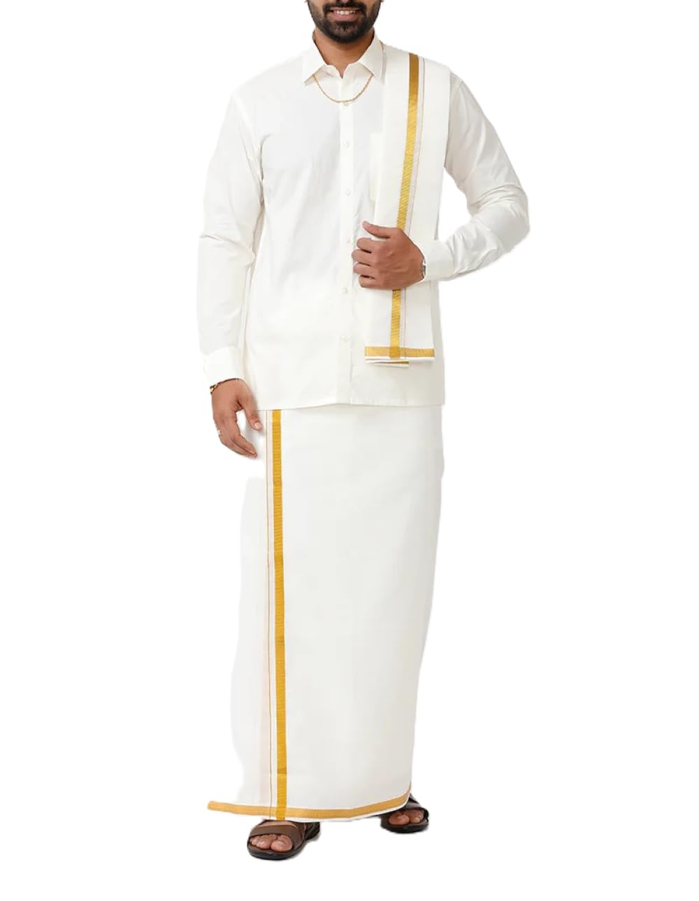 suman tex Mens Silk Look Full Sleeve Regular Fit Shirt + Double Layer 8 Mulam Dhoti(Free Size) + Single Towel-picture-41