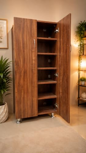 Image of Shoe Rack Organizer with Doors, 6 Shelves Wooden Shoe Cabinet for Home, 25 Pair Storage Tower, Engineered Wood Shoe Rack with Soft Close Hinges, Brown,Easily accommodate Upto UK Size 10