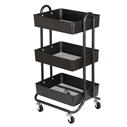DESIGNA 3-Tier Metal Rolling Utility Cart，Heavy Duty Storage Carts Organization Cart with 2 Lockable Wheels，Multifunctional Metal Craft Art Carts for Gift Home Office，Black - Thumbnail 2