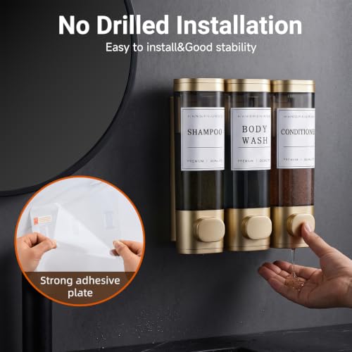 Shampoo and Conditioner Dispenser,Shower Soap Dispenser 3 Chamber No Drill Wall-Mounted for Bathroom & Hotel Leak-Proof Pumps, for Thick Liquids Like Conditioner - 1050ML High Capacity,Gold by Cabo Deseado - Used condition - Image 6