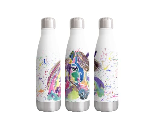 Vixar Pony Horse Pet Watercolour rainbow art Bottle double Wall insulated Stainless steel sport Drinks 500ml WHITE Gift ideal for school work office Oudoor sports keeps Hot and Cold Drinks