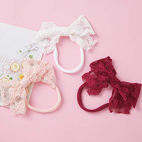 Lace Bow Headbands For Baby Girls Toddlers Bow Knot Elastic Nylon Headband Cotton Lace Hair Bows Bands Newborn Infant Soft Headwrap Christmas Hair Accessories,3 Pcs #TOP1