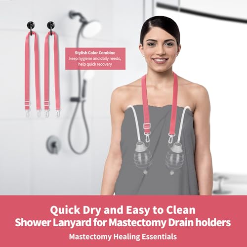 Image of Shower Lanyard for Mastectomy Drain Holder with Hook 2PCS Quick Dry JP Drain Holders for After Breast Surgery Skin Friendly Drain Holder After Tummy Tuck Adjustable Mastectomy Recovery Supplies Pink