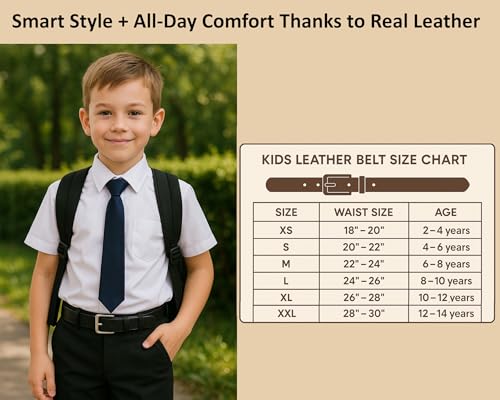 Image of Flyer Kids Genuine Leather Belt for Boys & Girls (Color- Black) | Adjustable Fit, Durable Buckle | Real Leather Belt for School, Casual & Formal Wear (2-14 Years) BL4579