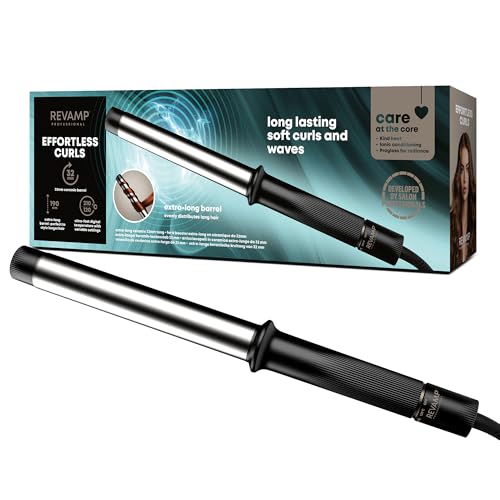 REVAMP Effortless Curls Extra Long Curling Tong - 32mm Hair Curling Tongs with Large Barrel, 25% longer, Smart Heat - Long Hair Tongs Infused with Argan Oil - Professional Wand Curler for Glossy Waves