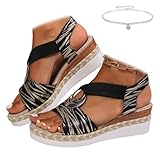 Sandali da donna con zeppa e zeppa, sandali ortopedici con zeppa, da donna, comodi, con cinturino elastico, estivi, casual, senza lacci, scarpe da spiaggia, Nero A, 38 EU