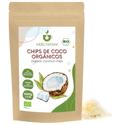 IDDA Herbal Chips de Coco Orgánico 1kg, Chips de Coco Crudo sin Azúcar, Snack Listo para Comer