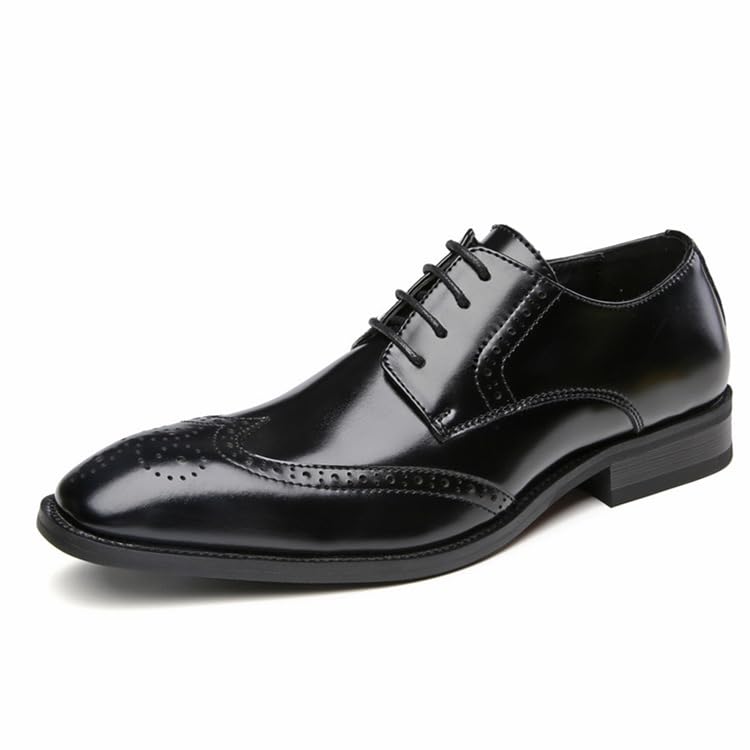 HOOENG Formal Shoes for Men Lace Up Square Burnished Toe Leather Brogue Embossed Wing tip Derby Shoes Low Top Rubber Sole Non Slip Anti-Slip Business(Color:Black,Size:7)