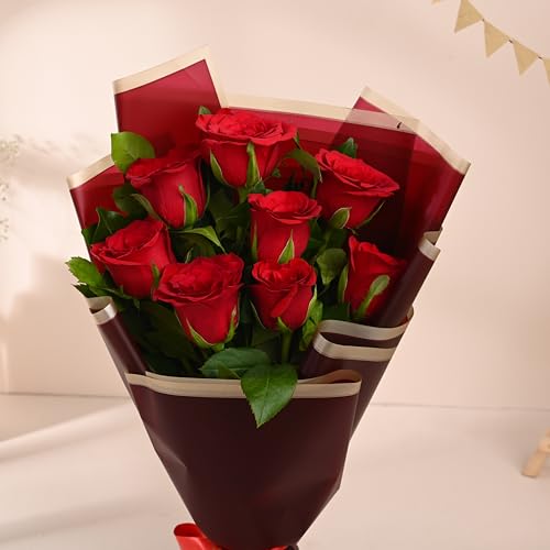 Image of FlowerAura Premium Fresh Live Flower Bouquet of 8 Red Roses In Designer Paper Gift For Birthday | Anniversary | Love | Home Decor | Fathers Day Gift For Dad