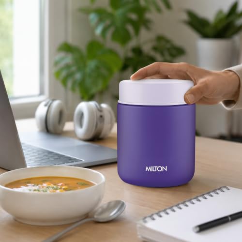 Image of Milton Grab N Go 450 Thermosteel Vacuum Insulated Food Jar|Hot & Cold Thermal Flask|Double Walled|Leak Proof|Ideal for carrying Soup, Khichdi, Sweet Corn to Office, School & Travelling, 410 ml, Purple