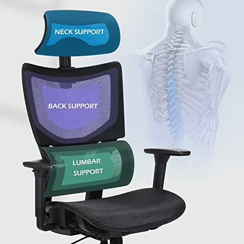 T-THREE.Ergonomic Desk Chair, Swivel Chair With Adjustable Lumbar Support, Headrest And 3D Armrest, Height Adjustment and Rocker Function, Back-Friendly Office Chair (Black)