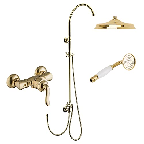 PaulGurkes Gold Aufputz Duschsystem Set Retro Duscharmatur Einhand Mischbatterie Duschstange goldene Dusche Nostalgie massives Messing Handbrause Duschkopf Duschsäule Brausekopf Brauseschlauch