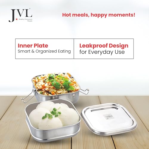 Image of JVL Stainless Steel 2 Tier Lunch Box, Food Grade Steel Tiffin for Kids & Adults, Leak Proof, Rust Resistant, Dishwasher Safe, Ideal for School, Office & Travel (Square, Small)