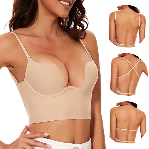 Low Back Bras for Women-Seamless Invisible Backless Bra-Lightly Lined Secret Plunge Open Back Multiway Halter Bras2