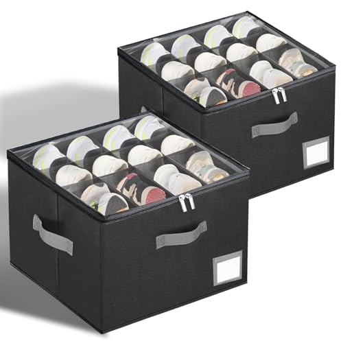 2 Pack Shoe Organizer for Closet, Large Shoe Box Storage Containers,Shoe Storage Box Fits 12-16 Pairs,Fabric Shoe Storage Bins with Clear Cover,Black