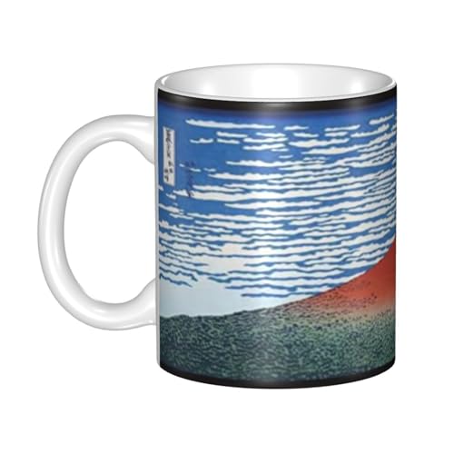 マグカップ - セラミックコーヒーカップ、ミルクカップ、(330ml) - 耐熱性と耐寒性、大容量、軽量、環境に優しい - ギフトの選択(アート - 偉大な赤富士マウスドフォトド浮世絵)