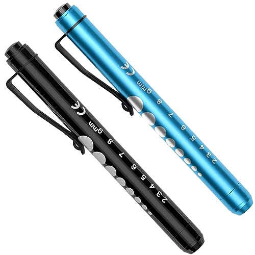 RISEMART Pen Lights for Nurses, 2Pack Reusable Medical Pen Light with Pupil Gauge and Ruler, White Light LED Penlight for Nurse Student Doctors EMT (Black/Blue)