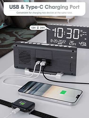 Raynic CR1019 Alarm Clock, 8.7 Inch Digital Clock,5 Adjustable Volume Calendar Clock With Type-C Charger,Dual Alarms,Temperature, Humidity,Date,And 5 Dimmer thumb #2