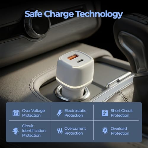 Image of UNIGEN 80W Fast Car Charger Dual Port (USB-C PD + USB QC 3.0), Compact Metal Car Charging Adapter Compatible with iPhone, Android Smartphones, Earbuds, Smartwatch & Power Bank (White)