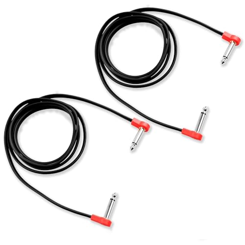 M MAKA Flat Low Profile Guitar Patch Cable 60 inch for Effects Pedals, 1/4 inch Right-Angle, 2-Pack, Red