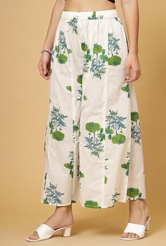 Image of Pistaa's Women's Regular Fit High Rise Pure Cotton Big Flair Printed Regular Palazzo