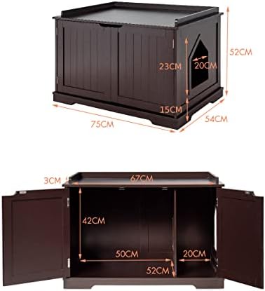 COSTWAY Cat Litter Box Enclosure Furniture, Wooden Kitty Hidden Washroom Toilet with Double Doors and Removable Divider, Indoor Cat House Storage Bench for Living Room Bathroom (Brown)