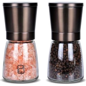 Premium Black Stainless Steel Salt and Pepper Grinder Set With Stand in Bamboo Wood – Gunmetal Salt and Pepper Shakers with Adjustable Coarseness – Bronze Pepper Mill and Salt Grinders Shaker set