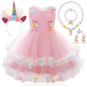 Vestido Unicornio Niña, Disfraz Princesa Unicornio Niña, Vestido Princesa Niña 2 3 4 Años con Collar y Diadema, Disfraz Unicornio Niña para Halloween Cosplay Cumpleaños Carnaval Boda,100(2-3 Años)
