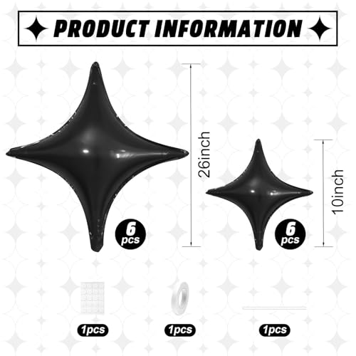Image of Black Star Balloons,12Pcs Four Angle Star Foil Balloons | 26Inch and 10Inch Black Quadrangle Star Helium Balloon for Birthday Halloween Graduations New Year Party Decorations